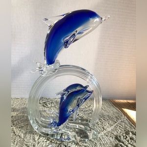 Blue Dolphin Art Glass Statue 10” Tall